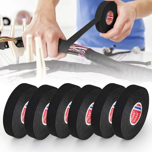 Aramanara 6 cintas adhesivas de tela, 19 mm x 20 m, resistentes al calor, cinta aislante para arnés de cableado, reduce el ruido, cinta de telar para coche, cable, eléctrico (negro)