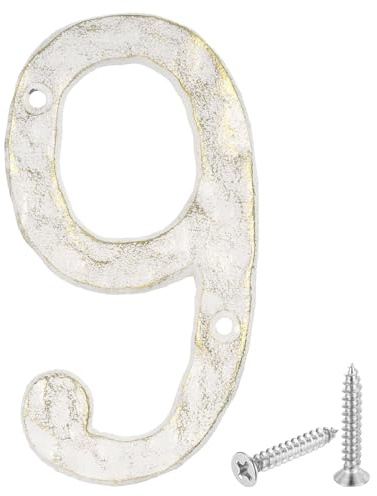 sourcing map House Address Number, 5.5 Inch Cast Iron Vintage Wall Number 9 Outside Numbers for Home Street Office Mailbox Sign, White & Gold