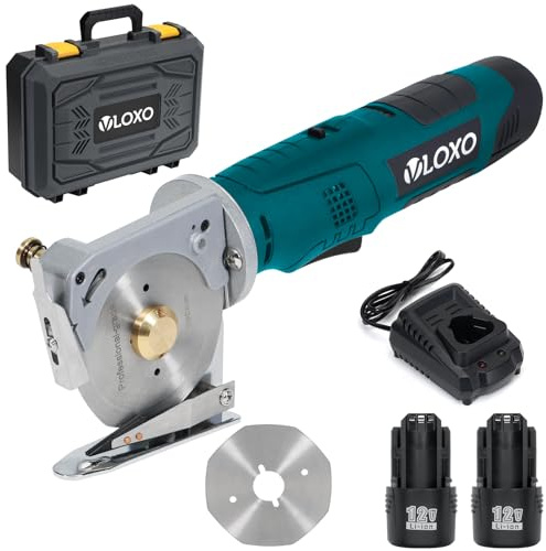 VLOXO Tragbarer Elektrischer Stoffschneider Kabellos Industrielle Akku-Rundschere 90 mm Klingengröße 33 mm Max. Schnittdicke Rotationsschneider für Tuch Stoff Teppich mit Ersatzklinge