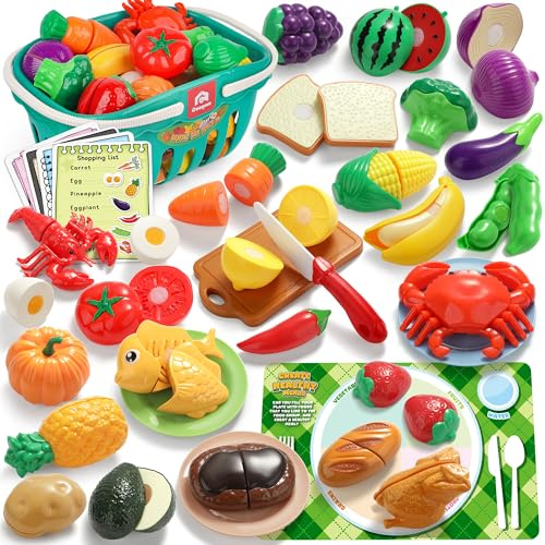 Coogam Pretend Play Food Kitchen Accessories for Kids, Fake Fruits Meats Vegetables Cutting Food with Shopping Storage Basket for Preschool Activities, Daycare Educational Toy for 3 4 5 Years old Kids