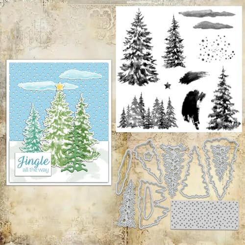 Sredwtk Der Wald im Winter Stanzschablonen und Stempelset,Stempel und Stanzen Set,Silikonstempel und Stanzen Set,Clear Stamp und Stanzschablone Für DIY Scrapbooking Fotoalbum Dekor Karten