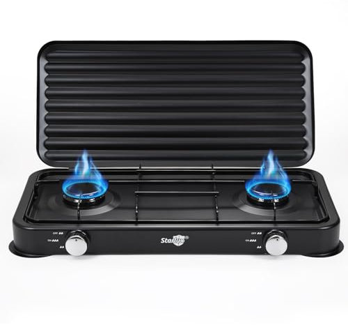 Warmiehomy Doppio fornello da campeggio, 2 fuochi, fornello a gas portatile, 4400 W, con coperchio e regolatore, stufe da campeggio a propano per campeggio, giardino, viaggi, cucina all'aperto
