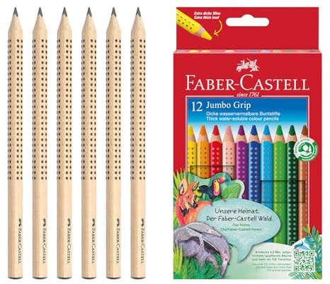 Faber-Castell - Jumbo Buntstifte Set mit Bleistiften Natur, 18-teilig | 12 Dicke Farbstifte mit 6 Jumbo Grip Bleistiften für Kinder