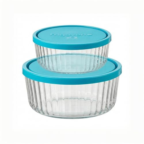 Bormioli Rocco Frigoverre Brillante Set di 2 Pezzi, Contenitori Rotondi in Vetro Rigato con Coperchi - Ciotole Impilabili Resistente ai Graffi per Conservazione/Preparazione, 375ml & 800ml - Adatti
