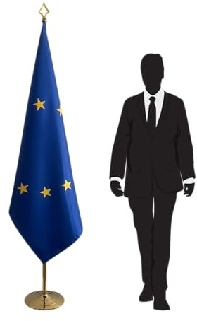 Drapeau Union Européenne sur pied avec hampe élégante et socle – symbole de coopération, unité et prestige pour bureaux, événements, conférences et décorations. Code CN6-UE-L