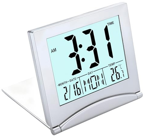 Reloj Despertador Plegable, Reloj de Escritorio con Luz de Fondo con Indicación con Luz de Fondode Temperature12/24 Horas Reloj Digital LCD Alarma Temporizador Repetición de Alarma para Oficina Dormit