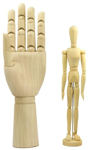 2er-Set: 30 cm große Holzhand und 20 cm große Künstler-Zeichenpuppe aus Holz, bewegliche Figur zum Zeichnen, Malen und Skizzieren