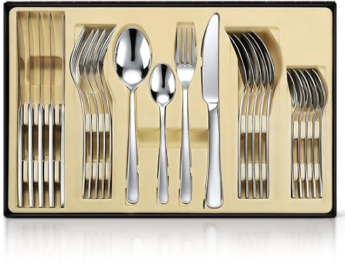 SHEUMNT Set di posate in argento, set di posate in acciaio inox lucidato a specchio da 24 pezzi, set di utensili da cucina per 6 persone, posate per la casa e il ristorante, con confezione regalo