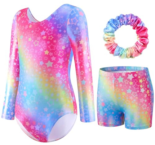 FILOWA Leotardo de Gimnasia para Niñas 3 Piezas Mangas Larga Maillot de Gimnasia Rítmica con Pantalones Cortos y Diadema Brillantes Degradados Body Traje De Actuación Artístico Ropa para 5-6 años,Rosa