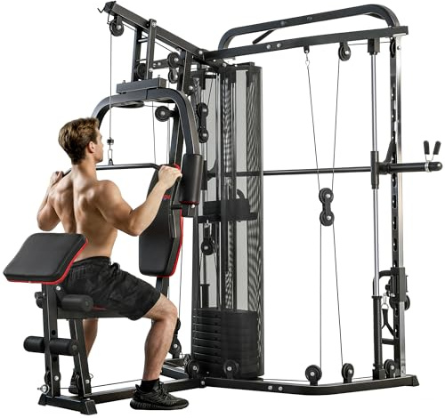 SPORTNOW Kraftstation Fitnessstation mit 65kg Gewichten, Latzug, Butterflystange, verstellbar Preacher Bank, Beintrainer, Multifunktion Smith Machine Multistation bis 120kg Fitnessgerät für Zuhause