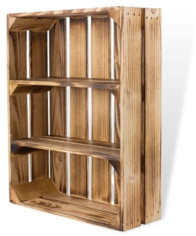 3 Regalkisten flach mit Fächern in geflammter Optik - Obstkiste mit Regalboden flambiert - neue flammbierte Holzkisten als Gewürzregal Wandregal Kosmetikschrank Badregal Küche 50x40,5x16cm