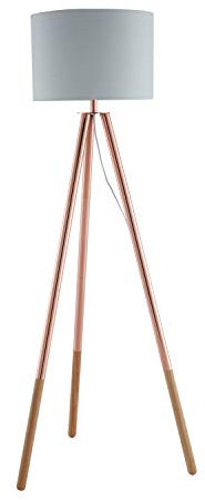 Lámpara de pie SalesFever, trípode, metal y madera cobre-marrón, pantalla poliéster blanca, lámpara para comedor, interruptor de pie, tamaño 42 x 29 x 153 cm