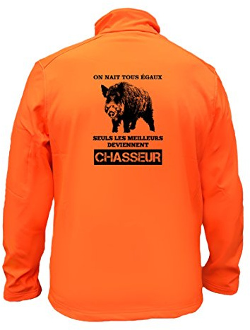 AtooDog Veste de Chasse en Softshell, Sanglier, on nait Tous égaux Seuls Les Meilleurs Deviennent Chasseur (142-186, Orange, XL, AV Manches)