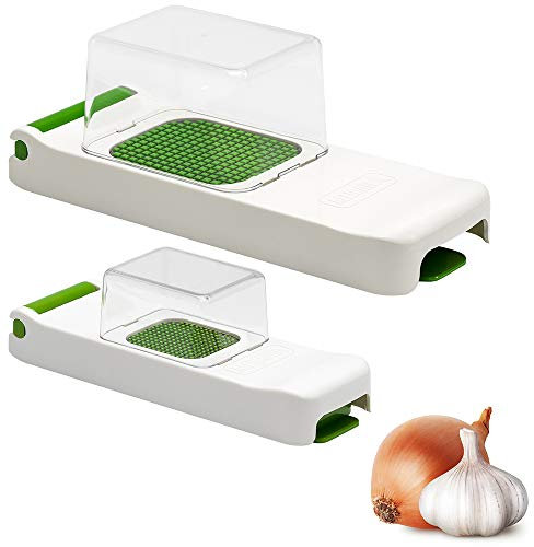 ALLIGATOR 3007 - 2-er Set Multifunktionsschneider mit Auffangboxen - Mini & Original - Gemüse- und Zwiebelschneider - 3x3 & 6x6 mm-Klingen - BPA-frei - Weiß und Grün