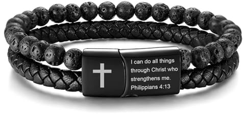 MEALGUET Men's Cross Bracelet for Men : Inspirational Bible Verse Leather Wristband Bracelets Christian Catholic Religious Jewelry Gifts Ideas for Man,I can Do All things,Medium