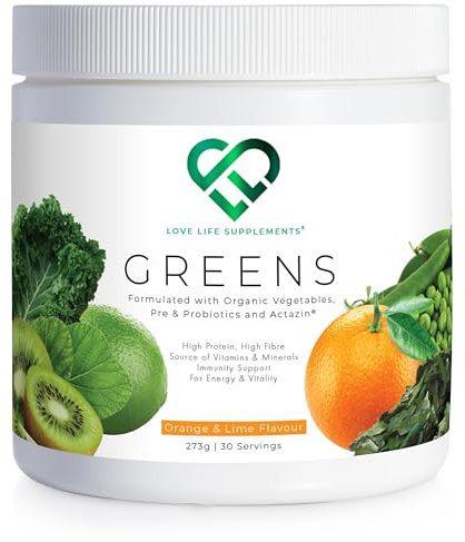 Organic Greens Superfood Powder, Prebiotics & Probiotics, Pea Protein & Actazin Kiwi Extract for Gut Health, High Dose Green Vegetables, Orange and Lime Flavour, 273g - 30 Servings