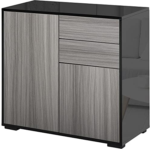 HOMCOM High Gloss Frame Sideboard, Side Cabinet, Push-Open Design with 2 Doors for Living Room, Bedroom, Light Grey and Black