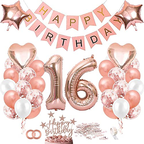 TOPHOPE Luftballon 16. Geburtstag Roségold Folienballon Luftballon Zahlen Geburtstagsdeko Mädchen 16 Jahr Riesen Folienballon Zahl 16 Ballon 16 Deko zum Geburtstag Roségold Happy Birthday