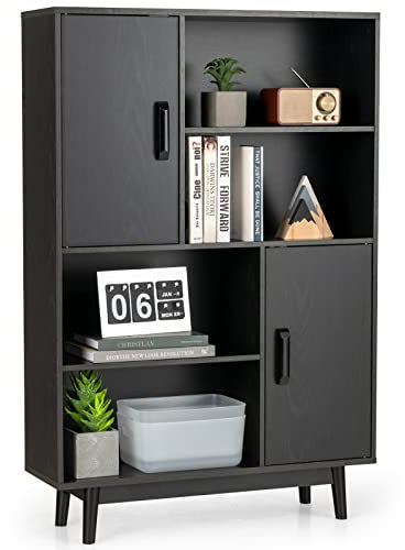 COSTWAY Bücherschrank mit 2 Türen und 4 offenen Regalen, Bücherregal Holz, Standregal, Holzregal, Aufbewahrungsregal für Wohnzimmer, Arbeitszimmer, Küche, 80 x 24 x 120 cm (Schwarz)