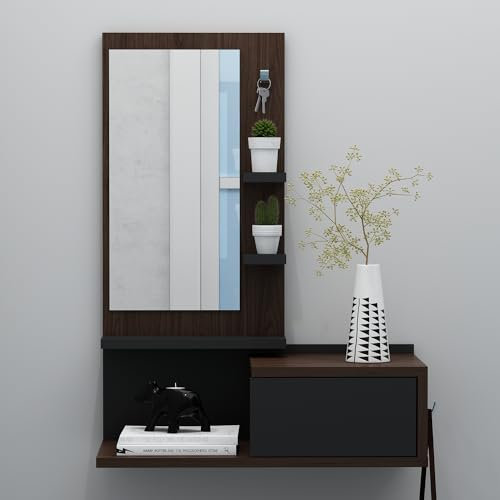 HOMIDEA ENKI Mobili ingresso sospesi - Mobile da corridoio - Armadietto a specchio - Pensile per ingresso con cassetto, specchio e mensola in stile moderno (noce/nero)