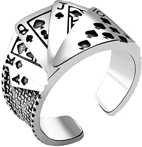 JewelryWe Schmuck Herren-Ring Retro Spielkarten Flush Poker Karten Ring Biker Offen Band Bandring mit Gravur Silber Verstellbar Größe 57-65