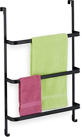 Relaxdays Handtuchhalter Tür, ohne Bohren, 3 Stangen & 2 Haken, HxBxT: 85 x 54,5 x 15 cm, Badetuchhalter, Stahl, schwarz