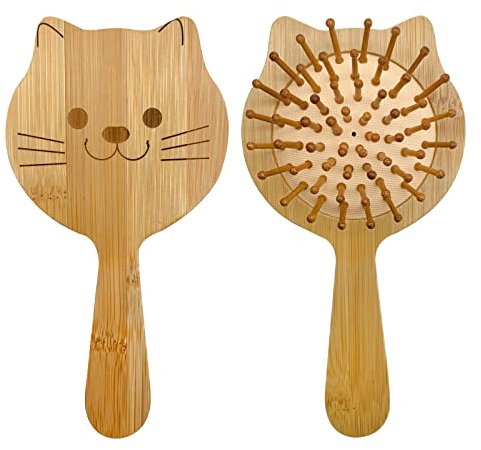 Brosse Cheveux Enfant, Brosse à Cheveux Enfant Bambou Brosse Enfant Cheveux Petite Brosse a Cheveux Mini Bamboo Brush Brosse Cheveux Bambou Enfant Filles (Chat)