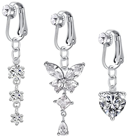 Mayhoop 2-3Pcs Faux Piercing Nombril Clip On Piercing Nombril Acier Chirurgical Fake Piercing de Nombril avec Coeur Papillon CZ Dangle Faux Anneaux Nombril Non Percé Piercing Bijoux