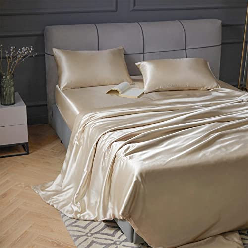 Bettbezug Set Nachahmung Seidenbettwäsche Sets Luxus Bettdecke Abdeckungssätze Feste Farbbettbedeckungssets Königin Kingsize -Bettwäsche Sets Bettwäsche ( Color : Champagne , Size : SET_FULL 3 PCS SET