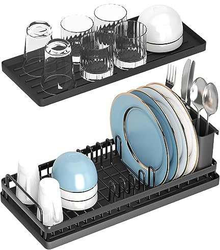 CHLORYARD Small Dish Drying Rack, Compact Sink Dish Drainer Plate Organizer with Utensil Holder and 2pcs Silicone Drying Mats for Kitchen Counter, RVs, Apartments