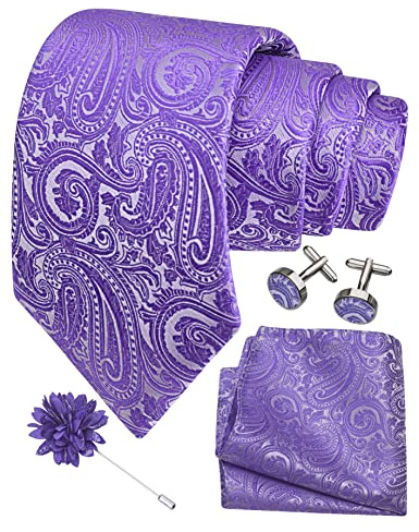 Gusleson Mens Light Purple Tie for Wedding Solid Silk Paisley Blue Necktie Pocket Square Cufflinks and Lapel Pin Brooch Set (UK6103-19)