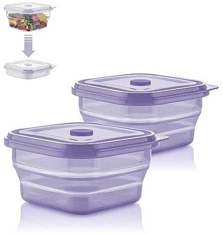 KLIPPSI® Lunchbox faltbar- Brotdosen Frischhaltedosen aus Platin Silikon hitze-kältebeständig, auslaufsicher, spülmaschinengeeignet (Pflaume, 900ml (Doppelpack))