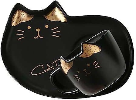 BRIGHTFUFU 1 Set Black Ceramic Cat Design Coffee Mug and Saucer Cute Drink Cup for Home Office Ideal for Tea Milk and Snacks