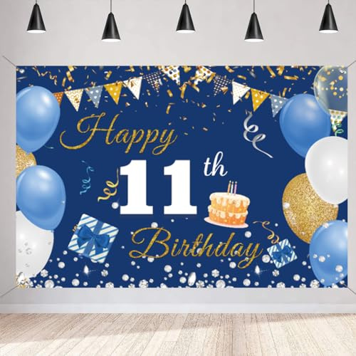 11. Geburtstag Deko Junge Mädchen, 11 Geburtstag Banner Blau Stoff Schild Plakat Hintergrund Banner Junge Geburtstagsfeier Deko
