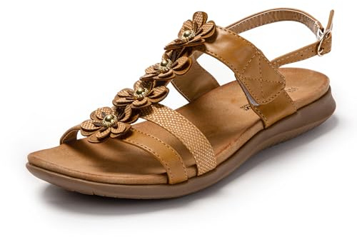 JOMIX Sandali Donna Estivi Comode Ciabatte Ragazze Spiaggia con Fibbia e Strappo Pantofole Slippers Eleganti da Mare con Fiori SD9356 (Marrone,39)