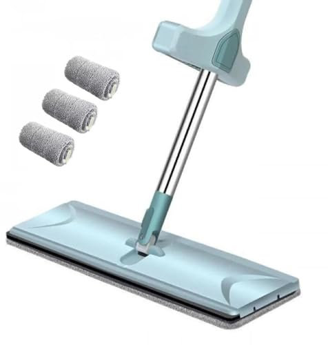 Mocio piatto, mocio piatto con strizzatore, 360 mani libere, in microfibra, con 3 panni lavabili, mocio piatto schiacciabile per la pulizia di pavimenti in laminato e piastrelle in legno duro