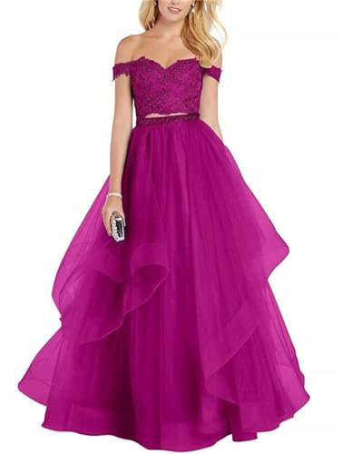 KURFACE Vestidos de fiesta de tul con hombros descubiertos para mujer, vestidos largos formales de noche, WSX482, fucsia, talla 22