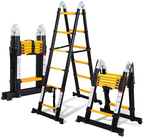 Fiqops 3,8M (1.9+1.9) Teleskopleiter Klappleiter Alu Multifunktionsleiter, Mehrzweckleiter Tragbar Ausziehleiter Max Belastung 150 KG/330 Pfund, Rutschfester, Schwarz Gelb
