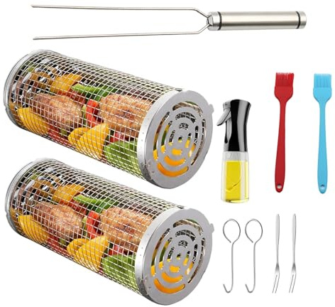 NCONCO Rollender Grillkorb, Edelstahl-Grill-Grill-Zubehör, zylindrischer Grillkorb, runder Grillkorb, Lagerfeuer, Grillgitter für Gemüse, Chips, Fleisch, Fisch, Garnelen