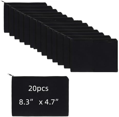 20 leere Kosmetiktaschen, 21 x 12 cm, leeres Federmäppchen, Tasche aus Baumwollleer, für Reisen, Büro und Schule (schwarz)