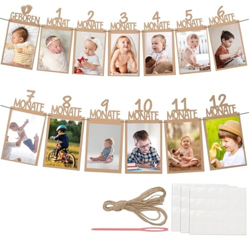 Foto Banner 1. Geburtstag (Khaki) für 1 bis 12 Monate Baby Geburtstagsdeko | Hängende Wanddekoration für Mädchen Jungen Party Deko Feiern Deutsch Kraftpapier Girlande Erster Kommunion