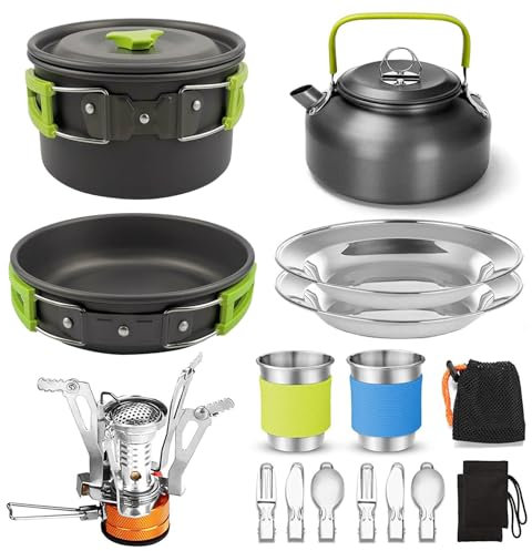 Camping Kochgeschirr Set für 2 Personen,Camping Geschirr Set,18 Teilige Outdoor Geschirr Set,Outdoor Faltbare Camping Topf,Tragbar Camping Kochset,Camping Geschirr für Wandern Angeln Picknick