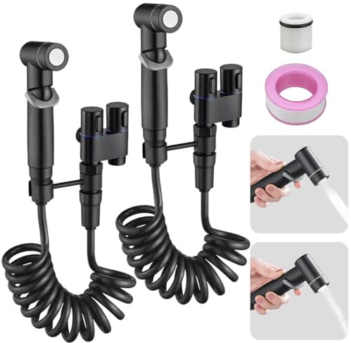 Mini robinet de toilette 1 en 2 sorties à double vanne de contrôle - Kit de pulvérisateur à main multifonction pour bidet, douche, pulvérisateur, tuyau et accessoires (2 pièces, noir)