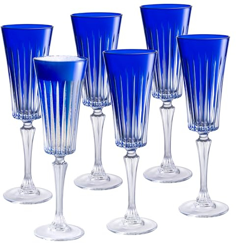 Barski Copas de champán de colores cobalto (azul), copas de champán para tostar, flautas de boda o aniversario, juego de 6, vasos de colores listos para regalo, azul, 7 onzas, fabricados en Europa
