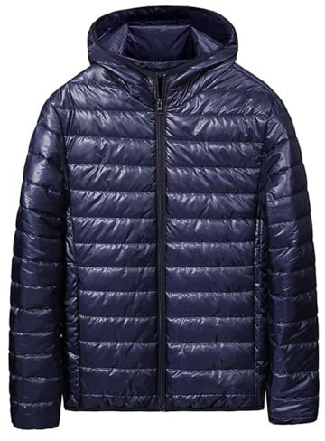 Veste en duvet légère et pliable pour homme, manteau matelassé à capuche, veste isolante coupe-vent pour temps froid, fermeture éclair, idéale pour les voyages et le quotidien, bleu marine, XXXL