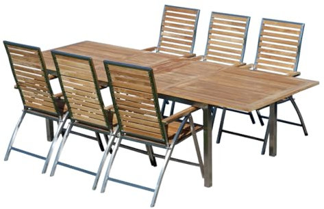 ALEOS. Gartengarnitur Edelstahl Teak Set: Ausziehtisch 200 auf 240 auf 280 cm x 100 cm + 6 Teak-Edelstahl Hochlehner, Sitzgruppe A-Grade Teak Holz - Gartenmöbel Set 6 Personen Gastronomie Qualität