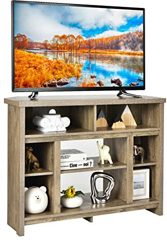 Soporte de madera para TV de hasta 48 pulgadas con estantes ajustables y centro de entretenimiento para sala de estar, mesa consola para chimenea eléctrica de 18 pulgadas (natural)