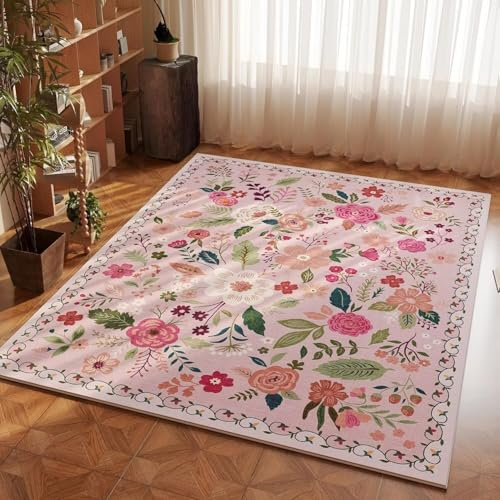 ARRITS Teppich Schlafzimmer 100x120 cm Rosa, Weicher Vintage Boho Blumen Teppich Teppich rutschfest Waschbar Rechteckiger Kurzflor Teppich, Bettvorleger Teppich Wohnzimmer Kinderzimmer Home Deko