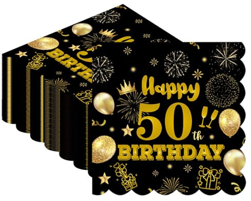 Servietten 50. geburtstag, 40 Stück Schwarze Gold Geburtstags Scalloped Servietten 2-Lagig Papierservietten für Hochzeit Jahrestag Empfang Veranstaltung Dekorationen