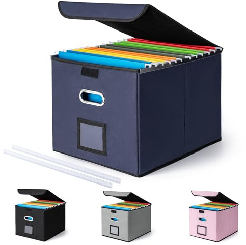 CADONO Scatola organizer per documenti con coperchio, grande, organizer per cartelle sospese, con scivolo in plastica, pieghevole, portatile, per ufficio, decorazione, casa (blu navy, 37,8 x 32 x 27,4